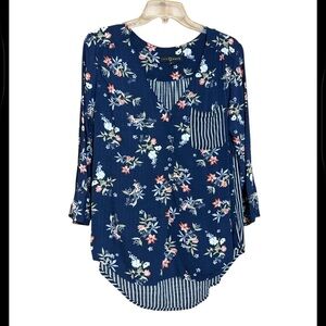Fred David Navy Floral Blouse with Stripes size medium